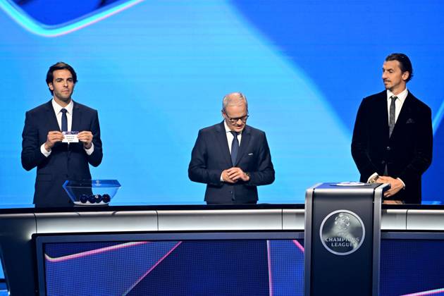 Kaka, Giorgio Marchetti, le secrétaire général de l UEFA, et Zlatan Ibrahimovic durant le tirage au sort de la phase de ligue de la Champions League 2025 - 2026, au Grimaldi Forum à Monaco, le 28 août 2025 Bruno Bebert Bestimage Draw for the group stage of the 2025–2026 UEFA Champions League at the Grimaldi Forum in Monaco on august 28th 2025 Monaco Monaco Copyright: xBrunoxBebertx xBestimagexBrunoxBebertx xBestimagex