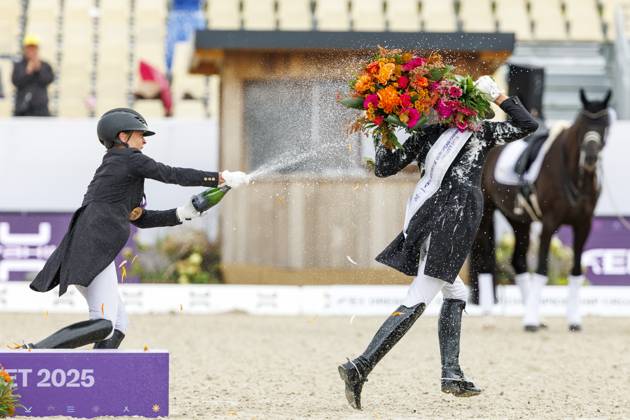 CROZET FRA FEI Dressage European Championship 2025, CROZET FRA FEI Dressage European Championship 2025 VERBOOMEN Justin BEL , LAUDRUP DUFOUR Cathrine DEN , WERTH Isabell GER Champagne shower Prize giving ceremony Grand Prix Special Individual Competition Crozet, Jiva Hill Stables August 29, 2025
