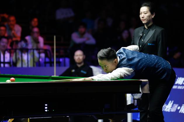 WUHAN, CHINA - AUGUST 30: Xiao Guodong of China plays a shot in the Final match against Gary Wilson of England on day 7 of the 2025 Wuhan Open at Optics Valley Gymnasium of HUST on August 30, 2025 in Wuhan, Hubei Province of China.  Copyright: xTaixChengzhex 111587868023