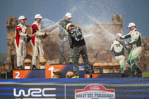 AUTO - WRC, Motorsport Rallye, WM - RALLY DEL PARAGUAY 2025 SOLBERG Oliver, Toyota Yaris Rally2, portrait, ROSSEL Yohan, Citroen C3 Rally2, portrait, GRYAZIN Nikolay, Skoda Fabia RS Rally2, portrait, podium, portrait during the 2025 Rally del Paraguay, 10th round of the 2025 WRC World Rally Car Championship, from August 28 to 31, 2025 at Encarnacion, Itapua, Paraguay - EncarnacionParaguay  Copyright: xNikosxKatikisx