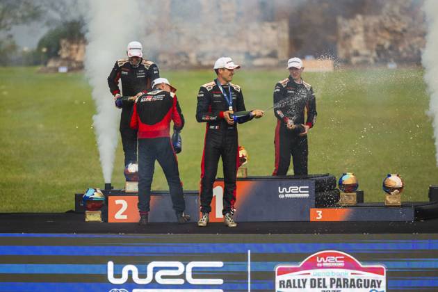 AUTO - WRC, Motorsport Rallye, WM - RALLY DEL PARAGUAY 2025 OGIER Sebastien, Toyota GR Yaris Rally1, portrait, EVANS Elfyn, Toyota GR Yaris Rally1, portrait, NEUVILLE Thierry, Hyundai I20 Rally1, portrait, podium, portrait during the 2025 Rally del Paraguay, 10th round of the 2025 WRC World Rally Car Championship, from August 28 to 31, 2025 at Encarnacion, Itapua, Paraguay - EncarnacionParaguay  Copyright: xNikosxKatikisx
