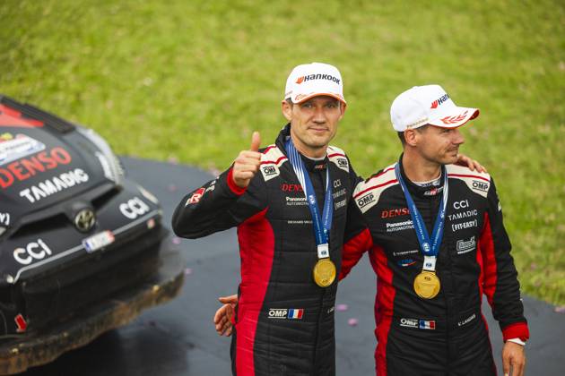 AUTO - WRC, Motorsport Rallye, WM - RALLY DEL PARAGUAY 2025 OGIER Sebastien, Toyota GR Yaris Rally1, portrait, LANDAIS Vincent, Toyota GR Yaris Rally1, portrait, podium, portrait during the 2025 Rally del Paraguay, 10th round of the 2025 WRC World Rally Car Championship, from August 28 to 31, 2025 at Encarnacion, Itapua, Paraguay - EncarnacionParaguay  Copyright: xNikosxKatikisx
