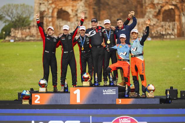 AUTO - WRC, Motorsport Rallye, WM - RALLY DEL PARAGUAY 2025 OGIER Sebastien, Toyota GR Yaris Rally1, portrait, EVANS Elfyn, Toyota GR Yaris Rally1, portrait, NEUVILLE Thierry, Hyundai I20 Rally1, portrait, podium, portrait during the 2025 Rally del Paraguay, 10th round of the 2025 WRC World Rally Car Championship, from August 28 to 31, 2025 at Encarnacion, Itapua, Paraguay - EncarnacionParaguay  Copyright: xNikosxKatikisx