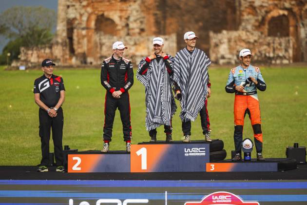 AUTO - WRC, Motorsport Rallye, WM - RALLY DEL PARAGUAY 2025 OGIER Sebastien, Toyota GR Yaris Rally1, portrait, LANDAIS Vincent, Toyota GR Yaris Rally1, portrait, podium, portrait during the 2025 Rally del Paraguay, 10th round of the 2025 WRC World Rally Car Championship, from August 28 to 31, 2025 at Encarnacion, Itapua, Paraguay - EncarnacionParaguay  Copyright: xNikosxKatikisx