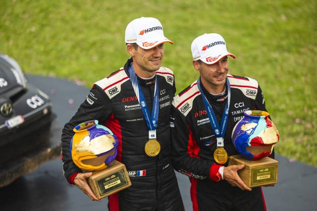 AUTO - WRC, Motorsport Rallye, WM - RALLY DEL PARAGUAY 2025 OGIER Sebastien, Toyota GR Yaris Rally1, portrait, LANDAIS Vincent, Toyota GR Yaris Rally1, portrait, podium, portrait during the 2025 Rally del Paraguay, 10th round of the 2025 WRC World Rally Car Championship, from August 28 to 31, 2025 at Encarnacion, Itapua, Paraguay - EncarnacionParaguay  Copyright: xNikosxKatikisx