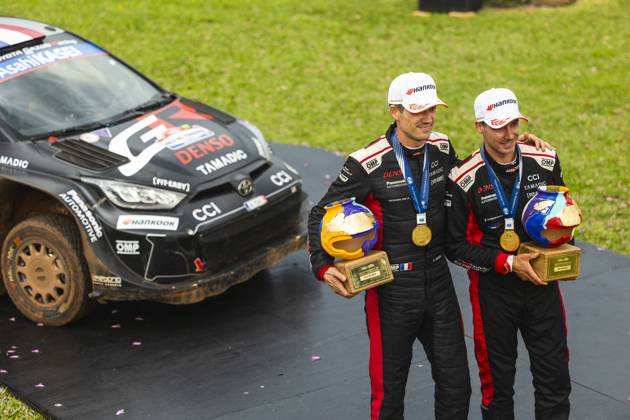 AUTO - WRC, Motorsport Rallye, WM - RALLY DEL PARAGUAY 2025 OGIER Sebastien, Toyota GR Yaris Rally1, portrait, LANDAIS Vincent, Toyota GR Yaris Rally1, portrait, podium, portrait during the 2025 Rally del Paraguay, 10th round of the 2025 WRC World Rally Car Championship, from August 28 to 31, 2025 at Encarnacion, Itapua, Paraguay - EncarnacionParaguay  Copyright: xNikosxKatikisx