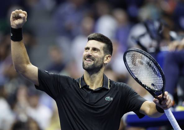 Novak Djokovic of Serbia celebrates after match point defeating Jan-Lennard Struff of Germany in straight sets in his 4th round match in Arthur Ashe Stadium on day 8 at the 2025 US Open Tennis Championship at the USTA Billie Jean King National Tennis Center in New York City on Sunday, August 31, 2025.  NYP20250831120 JOHNxANGELILLO