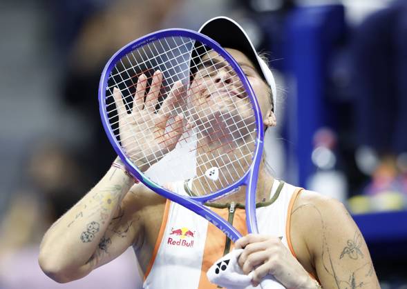 Marketa Vondrousova of Czechia reacts after match point in her match against Elena Rybakina of Kazakhstan in the 4th round in Arthur Ashe Stadium on day 8 at the 2025 US Open Tennis Championship at the USTA Billie Jean King National Tennis Center in New York City on Sunday, August 31, 2025. Vondrousova defeated Rybakina in 3 sets to advance to the quarterfinals.  NYP20250831130 JOHNxANGELILLO