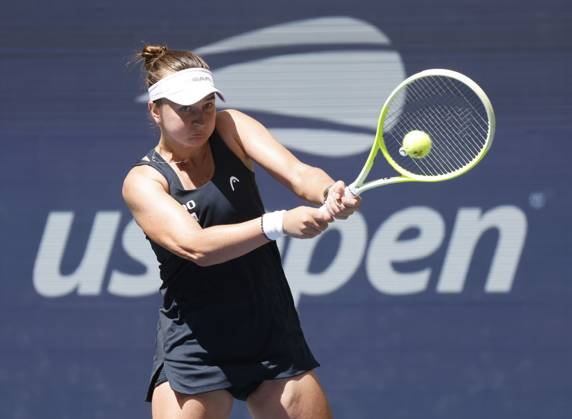 Barbora Krejcikova Czechia returns a ball in the second set against Jessica Pegula before losing in straight sets in their quarterfinal match in Arthur Ashe Stadium on day 8 at the 2025 US Open Tennis Championship at the USTA Billie Jean King National Tennis Center in New York City on Tuesday, September 2, 2025.  NYP20250902111 JOHNxANGELILLO