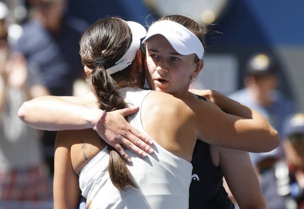 Barbora Krejcikova Czechia and Jessica Pegula meet at net after Pegula defeats Krejcikova in straight sets in their quarterfinal match in Arthur Ashe Stadium on day 8 at the 2025 US Open Tennis Championship at the USTA Billie Jean King National Tennis Center in New York City on Tuesday, September 2, 2025.  NYP20250902112 JOHNxANGELILLO