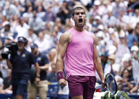 Carlos Alcaraz of Spain celebrates after match point defeating Jiri Lehecka of Czechia in straight sets in their quarterfinal match in Arthur Ashe Stadium on day 10 at the 2025 US Open Tennis Championship at the USTA Billie Jean King National Tennis Center in New York City on Tuesday, September 2, 2025.  NYP20250902123 JOHNxANGELILLO