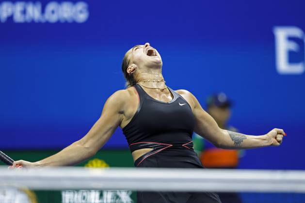 Aryna Sabalenka of Belarus reacts after defeating Jessica Pegula in a Women s semifinal match at the 2025 US Open Tennis Championship at the USTA Billie Jean King National Tennis Center in New York City on Thursday, September 4, 2025. Sabalenka won 4-6, 6-3, 6-4.  NYP20250904829 JOHNxANGELILLO