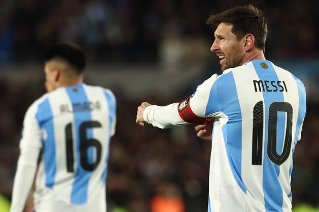 Argentina s forward Lionel Messi R celebrates after scoring the team™s third goal during the South American qualification football match between Argentina and Venezuela for the FIFA World Cup 2026 at the Monumental stadium in Buenos Aires on September 4, 2025 BUENOS AIRES ARGENTINA Copyright: xALEJANDROxPAGNIx