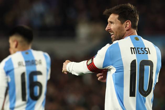 Argentina s forward Lionel Messi R celebrates after scoring the team™s third goal during the South American qualification football match between Argentina and Venezuela for the FIFA World Cup 2026 at the Monumental stadium in Buenos Aires on September 4, 2025 BUENOS AIRES ARGENTINA Copyright: xALEJANDROxPAGNIx