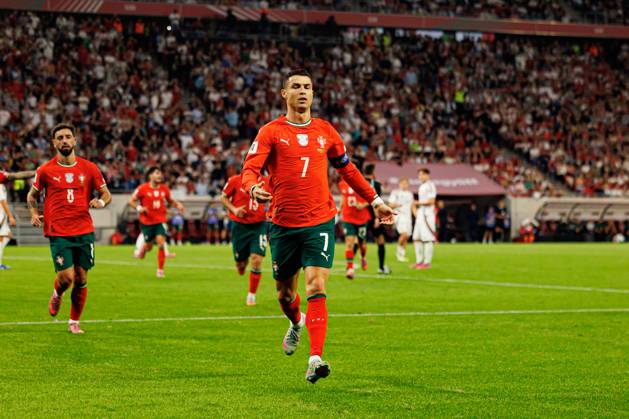 Cristiano Ronaldo seen celebrating after scoring goal during World Cup 2026 European qualification game between national teams of Hungary and Portugal (Maciej Rogowski Ball Raw Images) Budapest Puskas Arena Hungary Copyright: xMaciejxRogowskix maciejrogowski_hungary_portugal_2526-22