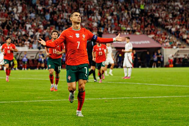 Cristiano Ronaldo seen celebrating after scoring goal during World Cup 2026 European qualification game between national teams of Hungary and Portugal (Maciej Rogowski Ball Raw Images) Budapest Puskas Arena Hungary Copyright: xMaciejxRogowskix maciejrogowski_hungary_portugal_2526-20