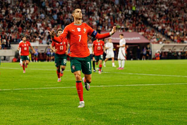 Cristiano Ronaldo seen celebrating after scoring goal during World Cup 2026 European qualification game between national teams of Hungary and Portugal (Maciej Rogowski Ball Raw Images) Budapest Puskas Arena Hungary Copyright: xMaciejxRogowskix maciejrogowski_hungary_portugal_2526-21