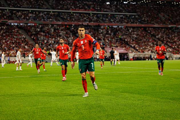 Cristiano Ronaldo seen celebrating after scoring goal during World Cup 2026 European qualification game between national teams of Hungary and Portugal (Maciej Rogowski Ball Raw Images) Budapest Puskas Arena Hungary Copyright: xMaciejxRogowskix maciejrogowski_hungary_portugal_2526-24