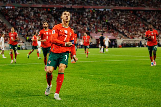 Cristiano Ronaldo seen celebrating after scoring goal during World Cup 2026 European qualification game between national teams of Hungary and Portugal (Maciej Rogowski Ball Raw Images) Budapest Puskas Arena Hungary Copyright: xMaciejxRogowskix maciejrogowski_hungary_portugal_2526-25
