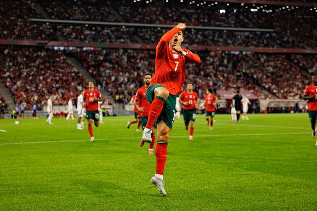 Cristiano Ronaldo seen celebrating after scoring goal during World Cup 2026 European qualification game between national teams of Hungary and Portugal (Maciej Rogowski Ball Raw Images) Budapest Puskas Arena Hungary Copyright: xMaciejxRogowskix maciejrogowski_hungary_portugal_2526-26