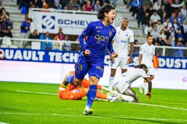 FOOTBALL : AJ Auxerre vs AS Monaco - Ligue 1 - JournÃ e 4 - 13 09 2025 Joie des joueurs de l™AS Monaco aprÃ s le but de Takumi Minamino (AS Monaco) AuxerreFrance  Copyright: xBaptistexAutissierx