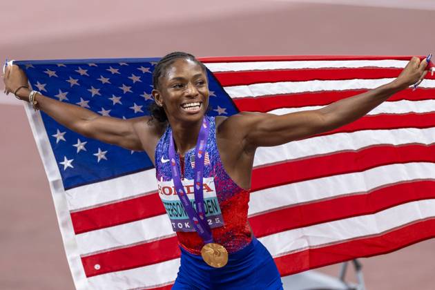 Day 2 - World Athletics Championships Tokyo 2025 Melissa Jefferson-Wooden (R) of the United States and Julien Alfred of Saint Lucia compete in the women s 100-meter final at the World Athletics Championships at the National Stadium in Tokyo on Sept. 14, 2025, Japan Tokyo Japan  Copyright: xAndrzejxIwanczukx originalFilename:iwanczuk-day2worl250915_npRok