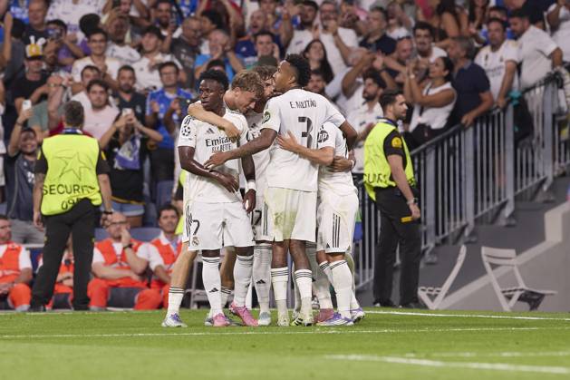 Real Madrid CF vs Olympique de Marseille - 16 Sep 2025 Real Madrid CF players celebrate a goal during the UEFA Champions League 2025 2026 first round day 1 football match between Real Madrid CF and Olympique de Marseille at Santiago Bernabeu Stadium. Final score: Real Madrid CF 2 : 1 Olympique de Marseille Madrid Spain Copyright: xFedericoxTitonex xSOPAxImagesx FTITONE_044