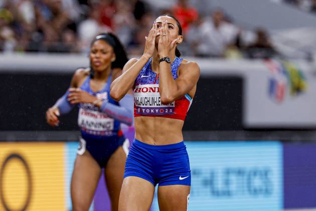 winner Sydney Mclaughlin Levrone of United States of America in disbelief after competing in the Women s 400 Metres Final during World Athletics Championships Tokyo 2025 of the Day 6 at Japan National Stadium on September 18, 2025 in Tokyo, Japan Photo by Marcel ter Bals DeFodi Images