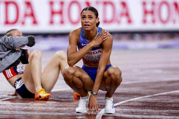 winner Sydney Mclaughlin Levrone of United States of America looks exhausted after competing in the Women s 400 Metres Final during World Athletics Championships Tokyo 2025 of the Day 6 at Japan National Stadium on September 18, 2025 in Tokyo, Japan Photo by Marcel ter Bals DeFodi Images
