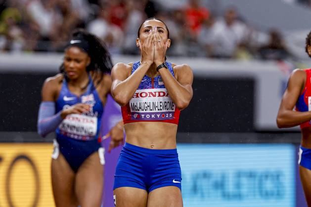 winner Sydney Mclaughlin Levrone of United States of America in disbelief after competing in the Women s 400 Metres Final during World Athletics Championships Tokyo 2025 of the Day 6 at Japan National Stadium on September 18, 2025 in Tokyo, Japan Photo by Marcel ter Bals DeFodi Images