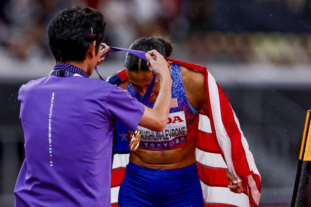winner Sydney Mclaughlin Levrone of United States of America receive the gold medal after competing in the Women s 400 Metres Final during World Athletics Championships Tokyo 2025 of the Day 6 at Japan National Stadium on September 18, 2025 in Tokyo, Japan Photo by Marcel ter Bals DeFodi Images