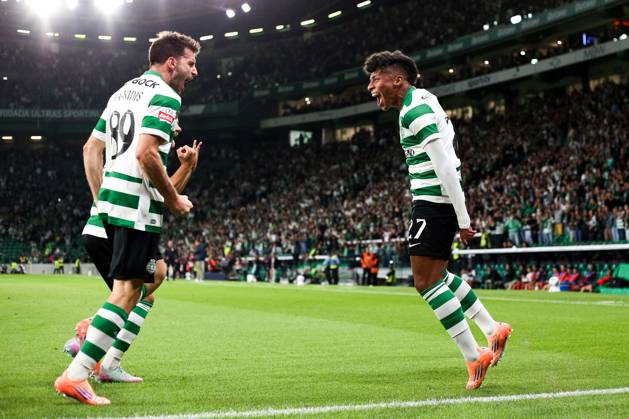 Sporting CP v Moreirense FC - Liga Portugal BetClic 2025 2026 Extremo esquerdo brasileiro do Sporting CP Alisson Santos 27 Medio esquerdo uruguaio do Sporting CP Maxi Araujo 20 e Ioanidis celebram golo durante a partida entre Sporting CP v Moreirense FC, valida pela Liga Portugal BetClic 2025 2026 no Estadio Jose Alvalade, Portugal (Foto de Diogo Faria Reis Avant Sports) Lisboa Estadio Jose Alvalade Portugal Copyright: xDiogoxFariaxReis AvantxSportsx