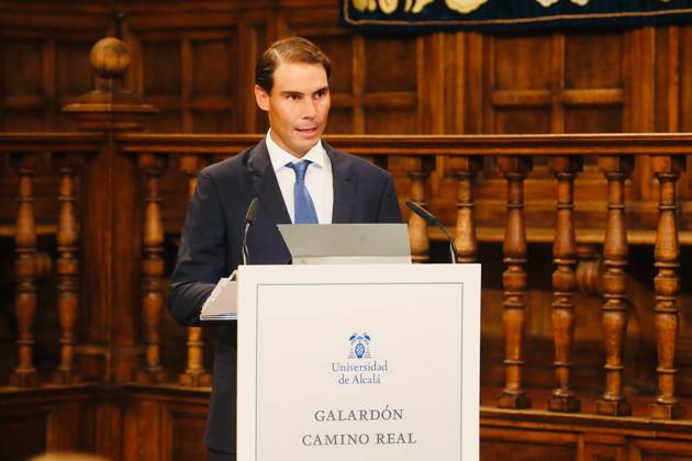 The King Presents The V Edition Of The camino Real Award To Rafael Nadal?????????????? MADRID, SPAIN - SEPTEMBER 20: (----EDITORIAL USE ONLY – MANDATORY CREDIT - ROYAL PALACE OF SPAIN HANDOUT - NO MARKETING NO ADVERTISING CAMPAIGNS - DISTRIBUTED AS A SERVICE TO CLIENTS----) Tennis player Rafa Nadal speaks after receiving the Camino Real Award from the King, during the V edition, in the auditorium of the University of Alcala, on 20 September, 2022 in Alcala de Henares, Madrid, Spain. The Camino Real award has been granted by the Franklin Institute of the University of Alcala, which recognizes the professional work of Spaniards who in an outstanding and exemplary way project and enhance the positive image of Spain in the United States. The projection of the image of Spain in North America by the tennis player, means his triumph in the US Open (2019), as well as in previous editions of 2010, 2013, 2017 and in other tournaments played in North America. In addition, it is worth mentioning his personal involvement in different social actions from the Rafael Nadal Foundation, which integrates vulnerable minors or young people with intellectual disabilities. Madrid Spain. Editorial use only. Please get in touch for any other usage.  Copyright: x2025xAnadoluxRoyalxPalacexofxSpainx