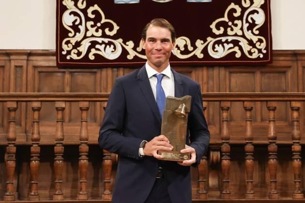 The King Presents The V Edition Of The camino Real Award To Rafael Nadal?????????????? MADRID, SPAIN - SEPTEMBER 20: (----EDITORIAL USE ONLY – MANDATORY CREDIT - ROYAL PALACE OF SPAIN HANDOUT - NO MARKETING NO ADVERTISING CAMPAIGNS - DISTRIBUTED AS A SERVICE TO CLIENTS----) Tennis player Rafa Nadal after receiving the Camino Real Award from the King, during the V edition, at the Auditorium of the University of Alcala, on 20 September, 2022 in Alcala de Henares, Madrid, Spain. The Camino Real award has been granted by the Franklin Institute of the University of Alcala, which recognizes the professional work of Spaniards who in an outstanding and exemplary way project and enhance the positive image of Spain in the United States. The projection of the image of Spain in North America by the tennis player, means his triumph in the US Open (2019), as well as in previous editions of 2010, 2013, 2017 and in other tournaments played in North America. In addition, it is worth mentioning his personal involvement in different social actions from the Rafael Nadal Foundation, which integrates vulnerable minors or young people with intellectual disabilities. Madrid Spain. Editorial use only. Please get in touch for any other usage.  Copyright: x2025xAnadoluxRoyalxPalacexofxSpainx