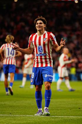 Julian Alvarez seen celebrating after scoring goal during LaLiga EA SPORTS 25 26 game between teams of Atletico de Madrid and Rayo Vallecano at Riyadh Air Metropolitano (Maciej Rogowski Ball Raw Images) Madrid Riyadh Air Metropolitano Spain Copyright: xMaciejxRogowskix maciejrogowski_atletico_rayo_2526-073