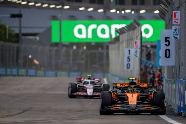 MARINA BAY, SINGAPORE: Lando Norris, racing for the McLaren F1 team during the 2025 Formula 1 Singapore Grand Prix at the Marina Bay Street Circuit in Marina Bay, Singapore