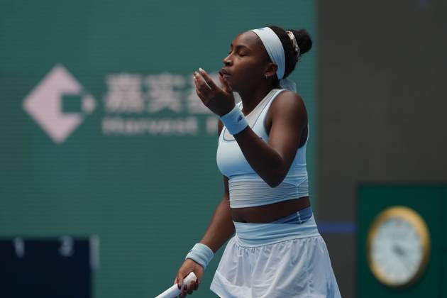 (251004) -- BEIJING, Oct. 4, 2025 -- Coco Gauff reacts during the women s singles semifinal match between Coco Gauff of the United States and Amanda Anisimova of the United States at 2025 China Open tennis tournament in Beijing, China, Oct. 4, 2025. ) (SP)CHINA-BEIJING-TENNIS-CHINA OPEN-WOMEN S SINGLES-SEMIFINAL (CN) XiexHan
