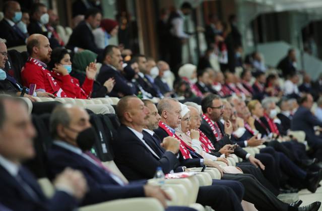 Turkish President Recep Tayyip Erdogan BAKU, AZERBAIJAN - JUNE 16: Turkish President Recep Tayyip Erdogan and his wife Emine Erdogan and Azerbaijani President Ilham Aliyev watch the EURO 2020 Group A soccer match between Turkey and Wales at the Baku Olympic Stadium in Baku, Azerbaijan on June 16, 2021. in Baku, Azerbaijan on June 16, 2021. Baki Azerbaijan. Editorial use only. Please get in touch for any other usage.  Copyright: x2025xAnadoluxMuratxKulax