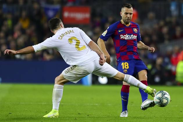 FC Barcelona, Barca v Real Madrid: La Liga BARCELONA, SPAIN - DECEMBER 18: Real Madrid s Spanish defender Daniel Carvajal (L) vies with Barcelona s Spanish defender Jordi Alba (R) during Spanish El Clasico football match between FC Barcelona and Real Madrid at the Camp Nou stadium in Barcelona on December 18, 2019. Catalonia Spain. Editorial use only. Please get in touch for any other usage.  Copyright: x2025xAnadoluxAdriaxPuigx