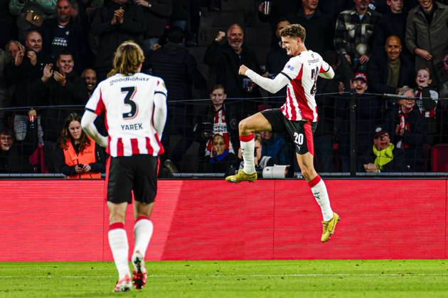 Guus Til of PSV Eindhoven celebrates after scoring his teams first goal PSV Eindhoven v Go Ahead Eagles, Eredivisie, PSV v Go Ahead Eagles, Philips Stadion, October 18, 2025, Eindhoven, Netherlands.