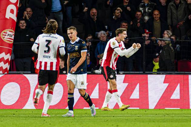 Guus Til of PSV Eindhoven celebrates after scoring his teams first goal PSV Eindhoven v Go Ahead Eagles, Eredivisie, PSV v Go Ahead Eagles, Philips Stadion, October 18, 2025, Eindhoven, Netherlands.