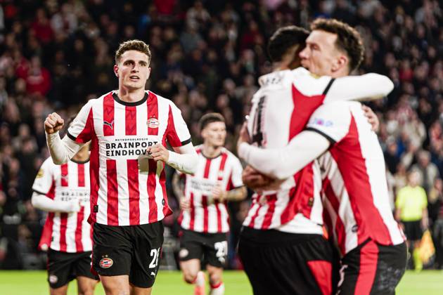 Guus Til of PSV Eindhoven celebrates after scoring his teams second goal PSV Eindhoven v Go Ahead Eagles, Eredivisie, PSV v Go Ahead Eagles, Philips Stadion, October 18, 2025, Eindhoven, Netherlands.