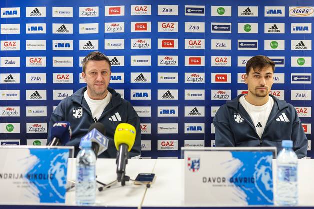 press conference, PK, Pressekonferenz of HC Zagreb Coach of HC Zagreb Andrija Nikolic and player Davor Gavric during a press conference ahead of the round 6 of the Machinseeker EHF Champions League on October 20, 2025 in Zagreb, Croatia. HC Zagreb will play against the Hungarian OTP Pick Szeged at the Arena Zagreb on October 22.  GoranxStanzl PIXSELL
