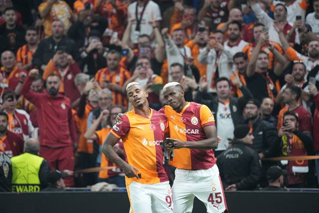 Victor Osimhen (R) of Galatasaray celebrates his goal with teammate Mario Lemina during the UEFA Champions League league phase match between Galatasaray SK and FK Bodo Glimt in Istanbul, Turkey, 22 October 2025. ( Copyright: DepoxPhotos 18868775