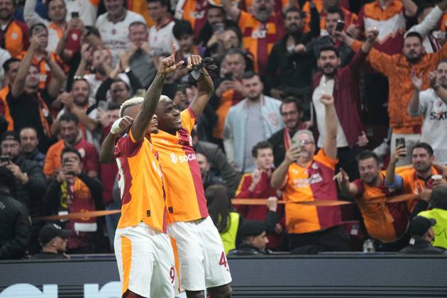 Victor Osimhen (R) of Galatasaray celebrates his goal with teammate Mario Lemina during the UEFA Champions League league phase match between Galatasaray SK and FK Bodo Glimt in Istanbul, Turkey, 22 October 2025. ( Copyright: DepoxPhotos 18868777