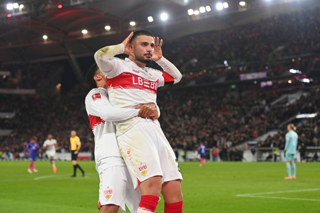 Goal celebration Deniz UNDAV VFB Stuttgart after scoring 2 1 with Tiago TOMAS VFB Stuttgart , Cheering,Joy,Enthusiasm, Action, Soccer 1 Bundesliga Season 2025 2026, 8 Matchday, Matchday08 VfB Stuttgart 1 FSV Mainz 05 2 1 on 26 10 2025 MHP ARENA