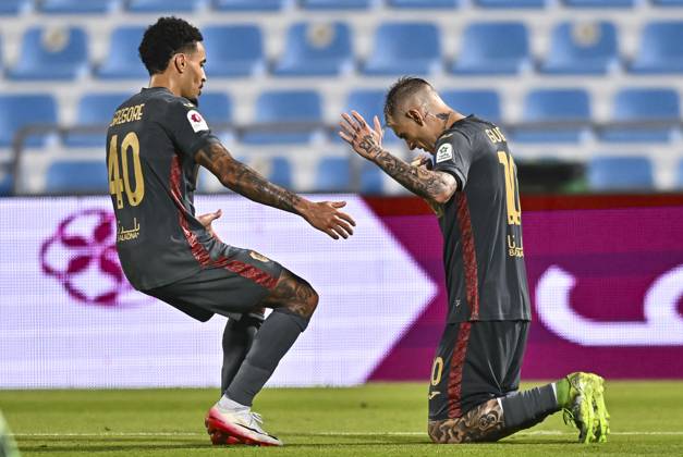 AL WAKRAH SC V AL RAYYAN SC-DOHA BANK STARS LEAGUE QATAR Roger Krug Guedes (R) of Al Rayyan SC celebrates after scoring a goal during the Doha Bank Stars League Qatar match between Al Wakrah SC and Al Rayyan SC at Saoud Bin Abdulrahman Stadium in Doha, Qatar, on October 26, 2025. DOHA Qatar Copyright: xNOUSHADx