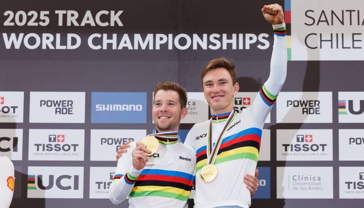 Belgian Fabio Van Den Bossche and Belgian Lindsay De Vylder celebrate on the podium after winning the podium ceremony of the men s Madison race at the 2025 UCI Track World Championships cycling, in Santiago, Chile, Sunday 26 October 2025. The Track World Championships take place from 22 to 26 October at the Velodromo de Penalolen in Santiago, Chile. BENOITxDOPPAGNE x138051519x