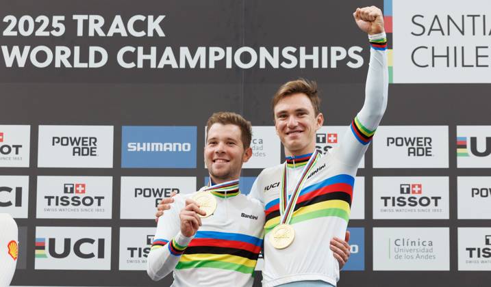 Belgian Fabio Van Den Bossche and Belgian Lindsay De Vylder celebrate on the podium after winning the podium ceremony of the men s Madison race at the 2025 UCI Track World Championships cycling, in Santiago, Chile, Sunday 26 October 2025. The Track World Championships take place from 22 to 26 October at the Velodromo de Penalolen in Santiago, Chile. BENOITxDOPPAGNE x138051610x