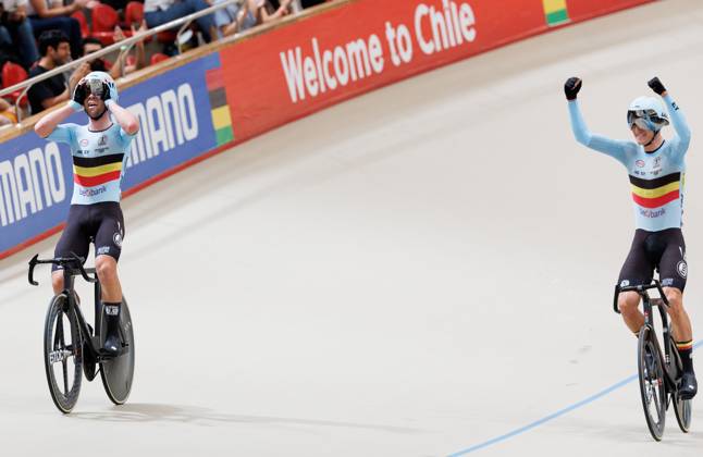 Belgian Fabio Van Den Bossche and Belgian Lindsay De Vylder celebrate after the final of the men s Madison race at the 2025 UCI Track World Championships cycling, in Santiago, Chile, Sunday 26 October 2025. The Track World Championships take place from 22 to 26 October at the Velodromo de Penalolen in Santiago, Chile. BENOITxDOPPAGNE x138056259x